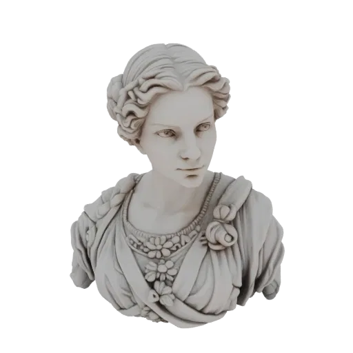 3D render of a classical woman's bust with braided hair and floral details, presented on a white background.
