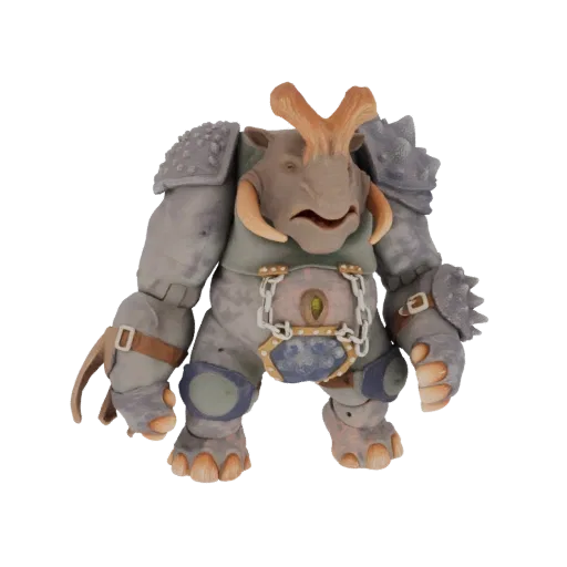 3D model of a heavily armored rhino warrior with tusks, horns, and a chest plate, standing in a powerful pose.