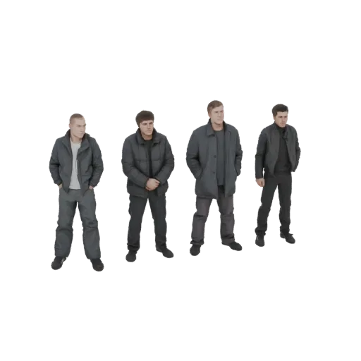 3D model preview of four men standing together, wearing casual winter coats and pants, against a black background.