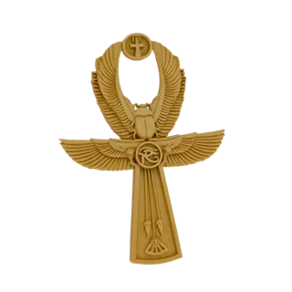3D model of an Egyptian Ankh with a central scarab beetle and spread wings, rendered in a golden metallic finish.