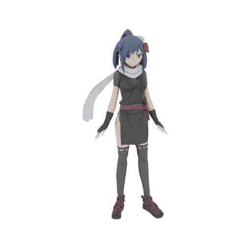 3D model of an anime ninja girl with blue hair, wearing a black outfit and white scarf, in a standing pose.