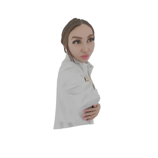 Modelo 3D de mulher de jaleco branco, cabelo castanho e maquiagem, em pé com os braços cruzados.