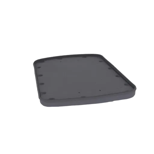 3D render of a dark gray rectangular tray with rounded corners and subtle surface indentations, isolated on a white backgroun