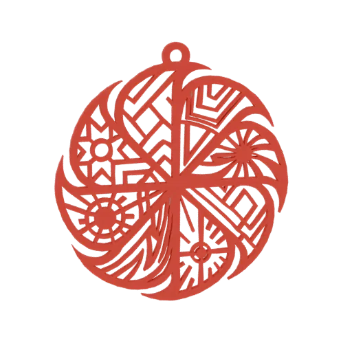 3D render of a red, intricate geometric mandala ornament with a hanging loop, set against a black background.
