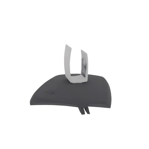 A 3D render of a futuristic U-shaped stand with a screen, presented on a white background.