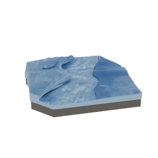Frozen River Crossing Printable 3D model, isometric tabletop STL render, showing wet stone, snow banks.