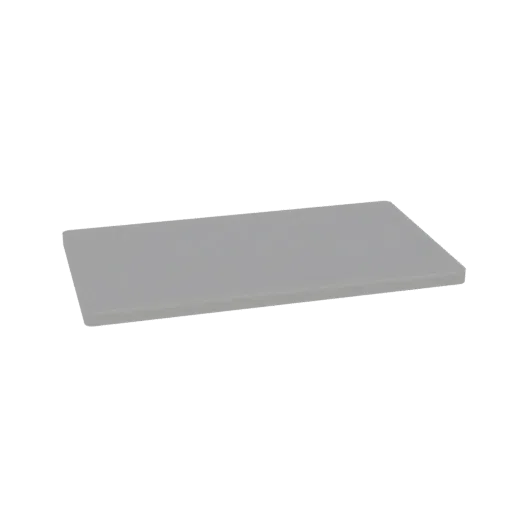 A 3D render of a simple, flat, gray rectangular plate with sharp edges, presented on a white background.
