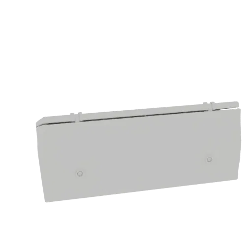 A minimalist rectangular wall shelf with integrated hooks, rendered in a matte grey finish against a black background.