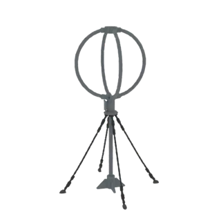 3D model of a gray loop antenna mounted on a black tripod against a white background.
