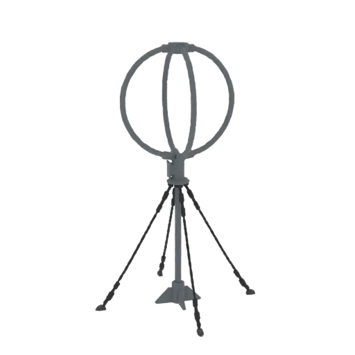 3D model of a gray loop antenna mounted on a black tripod against a white background.