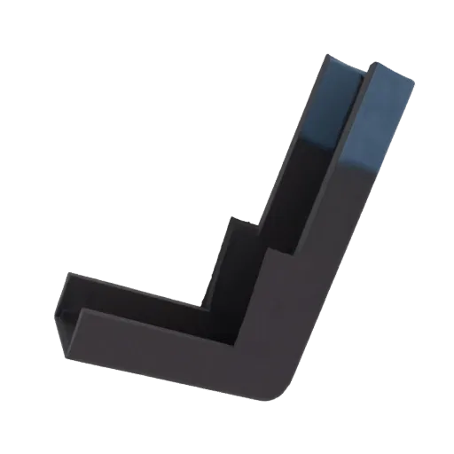 3D model of a dark, L-shaped corner bracket, viewed from an angle against a white background.