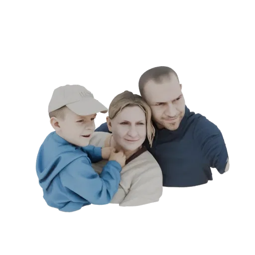 3D model of a father, mother, and son embracing, with the son wearing a cap and blue hoodie.