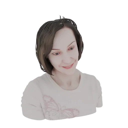 3D model render of a smiling woman with short brown hair, wearing a white shirt with a pink butterfly design.