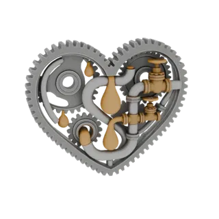 Render 3D di un cuore steampunk fatto di ingranaggi, tubi e valvole in ottone, con gocce dorate di liquido.