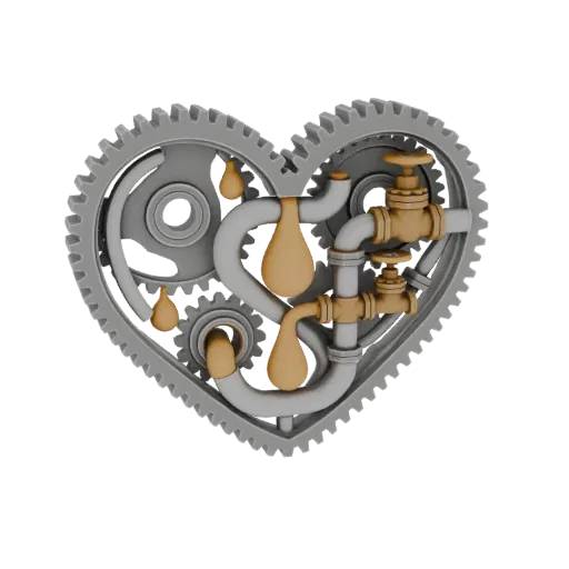 3D render of a steampunk heart made of gears, pipes, and brass valves, with golden liquid droplets.