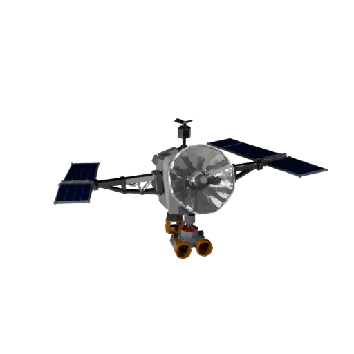 Communication Satellite Low Poly 3D model, game viewport three-quarter view, showing solar panels, form detail.