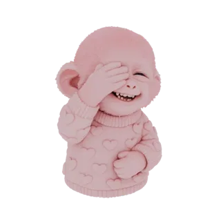3D model of a cute pink monkey covering its eyes with its hand, wearing a sweater with heart patterns, in a playful peek-a-bo