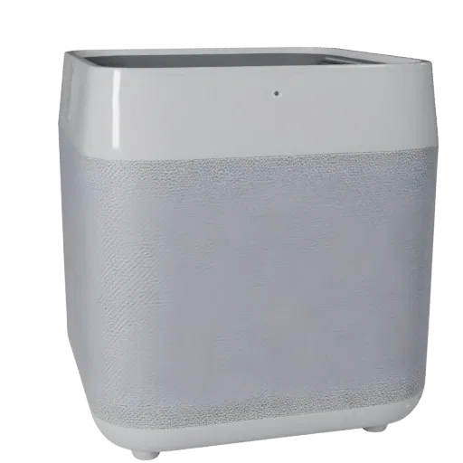 Modèle 3D d'enceinte intelligente à commande vocale, rendu produit en studio à trois quarts, montrant le plastique blanc, le