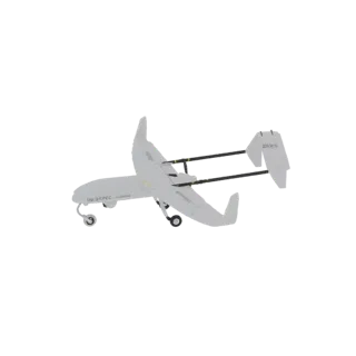 3D model render of a light gray twin-boom drone with visible landing gear and twin tail fins, set against a white background.