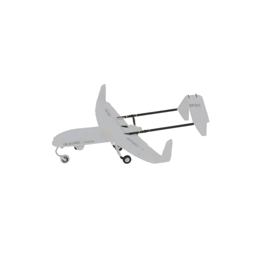 3D model render of a light gray twin-boom drone with visible landing gear and twin tail fins, set against a white background.