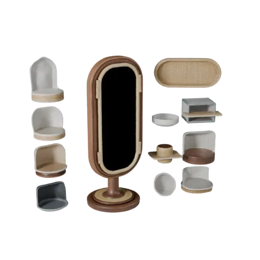 Boho Mirror Product Viz 3D model, living room, three-quarter studio product render, ceramic detail.