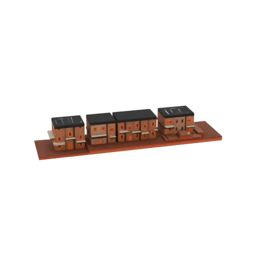 3D model of a row of four traditional brick houses with dark roofs, displayed on a brown base.