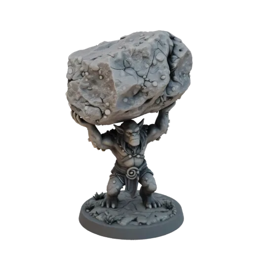 3D model of a fierce two-headed ettin troll lifting a massive stone boulder overhead, on a detailed base.