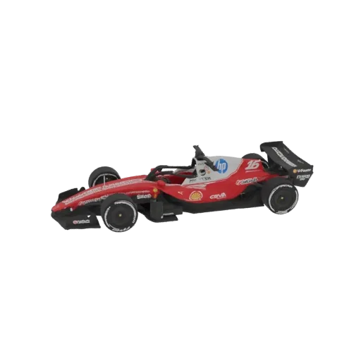 Vista lateral de um modelo 3D vermelho e branco do carro Ferrari SF26 Fórmula 1 com o número 16 na asa traseira.