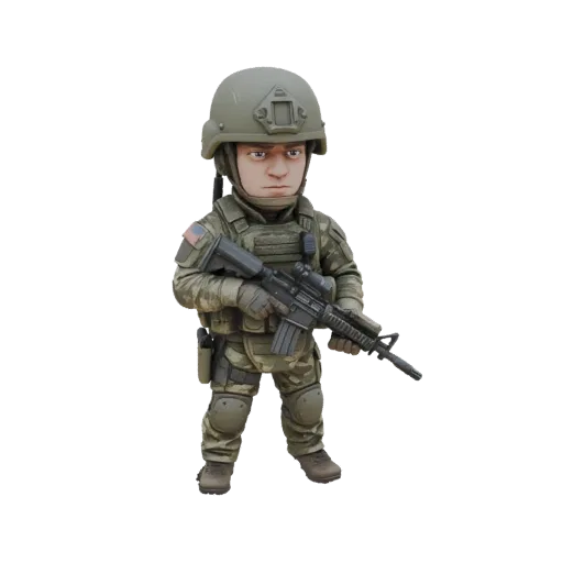 3D render of a chibi soldier in camouflage uniform, wearing a helmet and holding an assault rifle.