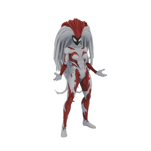 3D model of a female Carnage symbiote with white hair and red and white organic suit, in a dynamic pose.
