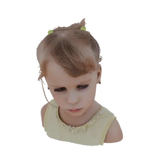3D model of a young girl with blonde pigtails, wearing a yellow dress, looking down thoughtfully.