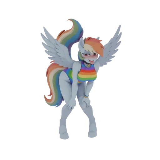 3D-Modell von Rainbow Dash aus My Little Pony in einem regenbogen-gestreiften Badeanzug, in dynamischer Pose mit ausgebreitet