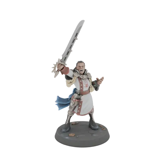 3D model of a heroic knight in white and red armor, holding a large sword aloft, standing on a grey base.