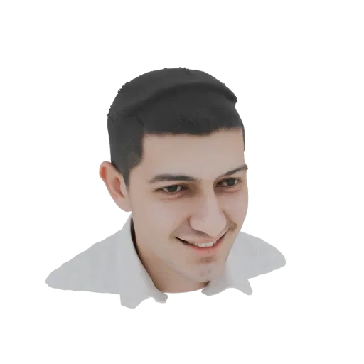 3D model render of a man's bust with a warm, genuine smile, showcasing detailed facial features and a clean, neutral finish.
