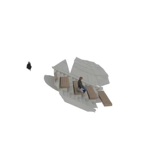 3D model of a modern outdoor seating area with minimalist benches and a single person sitting.