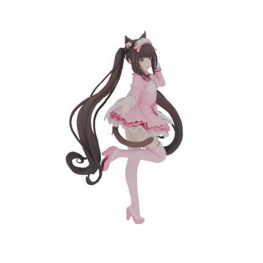 3D model of a Neko Neko Sweet Maid character in a pink maid outfit, with cat ears and tail, striking a playful pose.