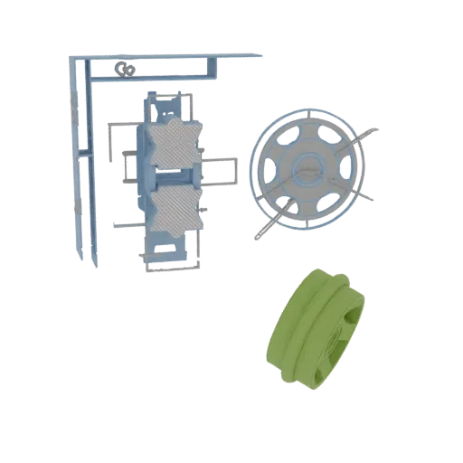 3D render of an industrial gear assembly with blue and grey mechanical parts, and a green circular component, on a black back