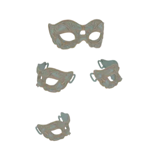 Um conjunto de quatro máscaras venezianas ornamentadas para baile de máscaras em azul e dourado, exibidas contra um fundo bra