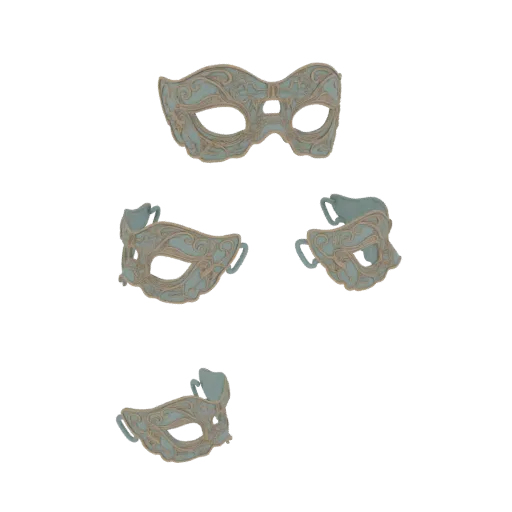 Un set di quattro maschere veneziane da maschera ornate in blu e oro, esposte su uno sfondo bianco.