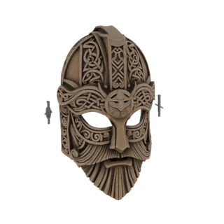 3D model render of a detailed Viking warrior mask with intricate knotwork and a stylized beard, shown against a white backgro