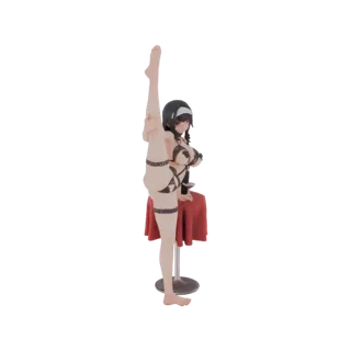 3D-Modell einer flexiblen Tänzerin in schwarzer Lingerie, die einen hohen Spagat macht und auf einem Hocker mit rotem Tuch st
