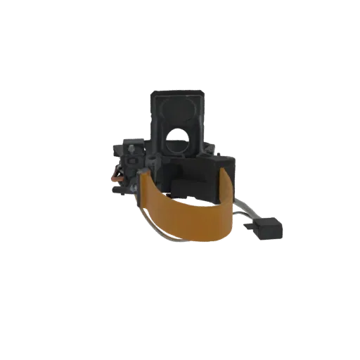 3D-Modell einer Kfz-Lenkrad-Schleifring-Baugruppe mit schwarzem Gehäuse und orangefarbenem Flachbandkabel.