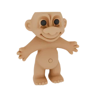Uma renderização 3D de uma boneca troll nua com um sorriso largo e olhos pretos, braços estendidos.