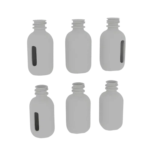 Set of 6 white 3D bottle models with rectangular cutouts, arranged in two rows on a black background.