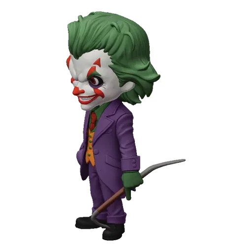 A 3D render of a Chibi-style Joker figurine, wearing a purple suit and holding a crowbar, set against a neutral background.