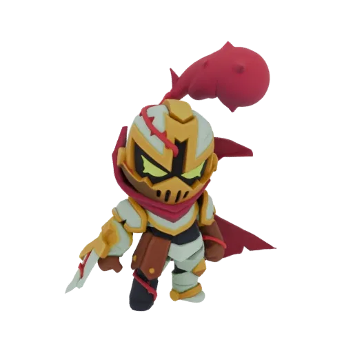 3D model render of a chibi knight with a golden helmet, red scarf, and white armor, holding a small sword.