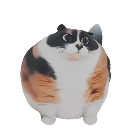 A 3D model of a very round, chubby calico cat with large eyes, looking directly at the viewer, resembling a plush toy.