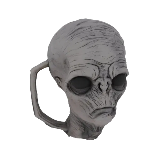 3D render of a grey alien head mug with dark eye sockets and a curved handle, isolated on a white background.