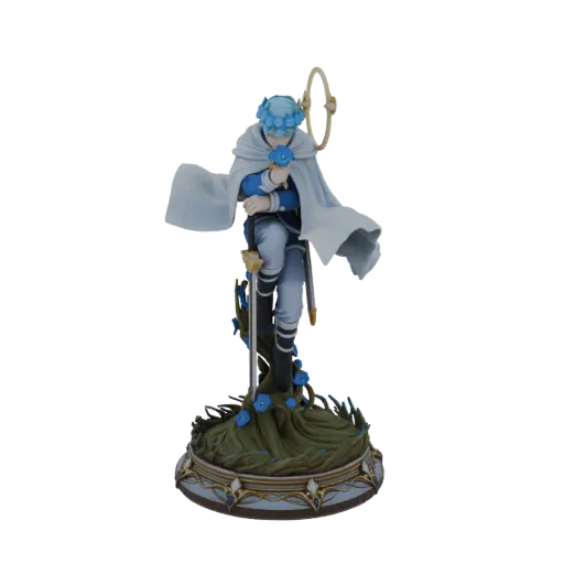 3D model of Himmel, a character with a blue flower wreath and cape, holding a flower, standing on a nature-themed base.