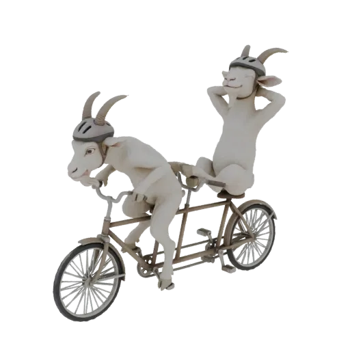 3D render of two white goats wearing helmets, riding a tandem bicycle, one pedaling and the other relaxing.